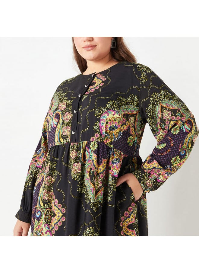 Ulla Popken Plus Size Ulla Popken All-Over Floral Print Midi Dress with Long Sleeves  - Image 4