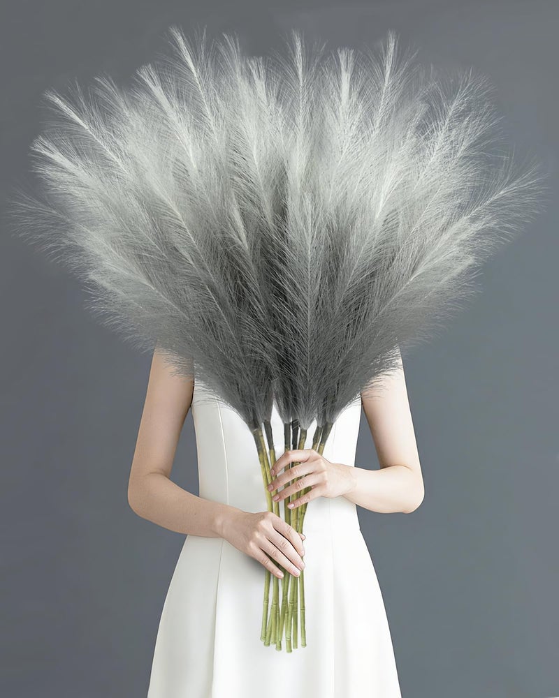 TORONTOKYO 8Pcs Grey Faux Pampas Grass Tall Decor, 35.4â€ Fluffy Artificial Pompous Grass Branches, Large Pampas Grass Reed Stems for Floor Vase Filler, Wedding, Baby Shower, Home and Boho Decor - Image 1