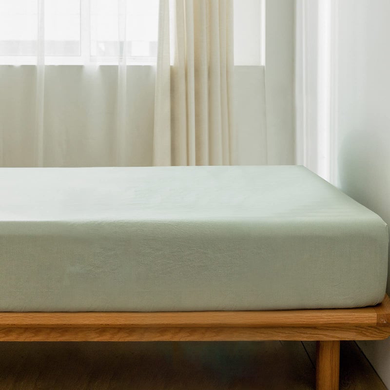 MooMee Fitted Bottom Sheet Only 100% Washed Cotton Linen Like Textured Breathable Durable Soft Comfy Deep Pocket Fits Mattress up to 17"" (Sage Green  Queen) - Image 2