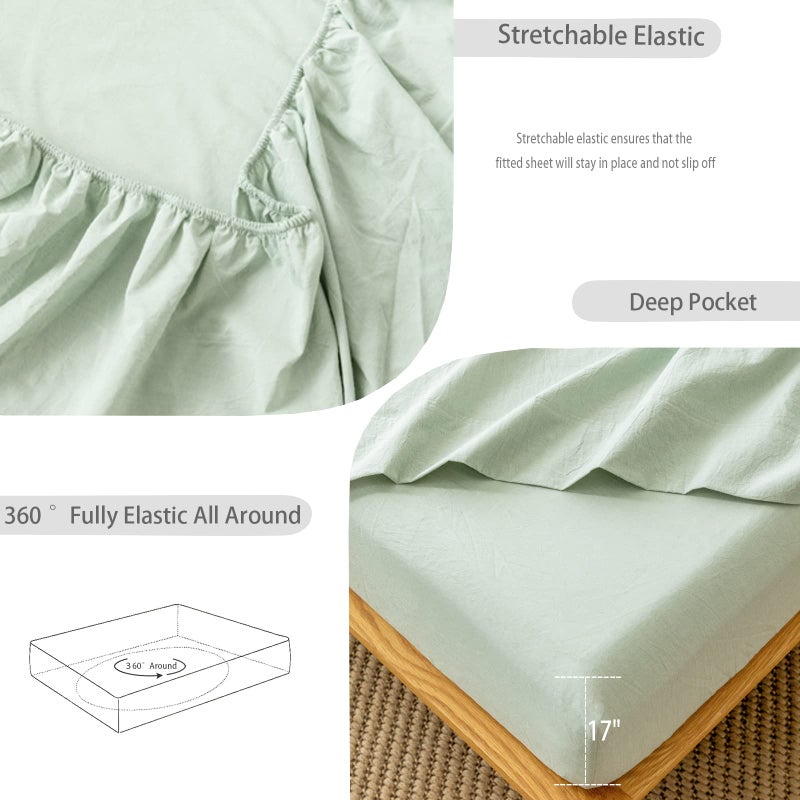 MooMee Fitted Bottom Sheet Only 100% Washed Cotton Linen Like Textured Breathable Durable Soft Comfy Deep Pocket Fits Mattress up to 17"" (Sage Green  Queen) - Image 4