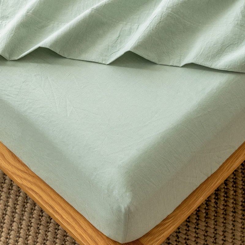 MooMee Fitted Bottom Sheet Only 100% Washed Cotton Linen Like Textured Breathable Durable Soft Comfy Deep Pocket Fits Mattress up to 17"" (Sage Green  Queen) - Image 1