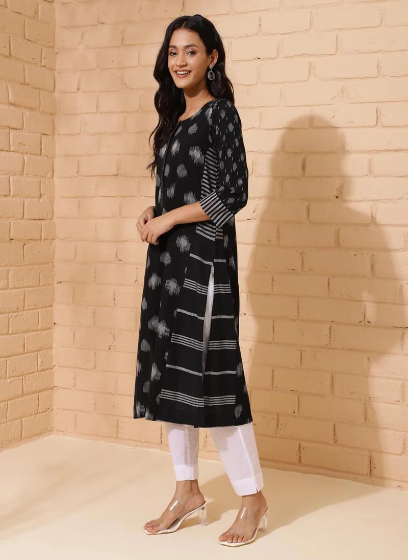 فاب انديا Black Cotton Ikat Woven Long Kurta