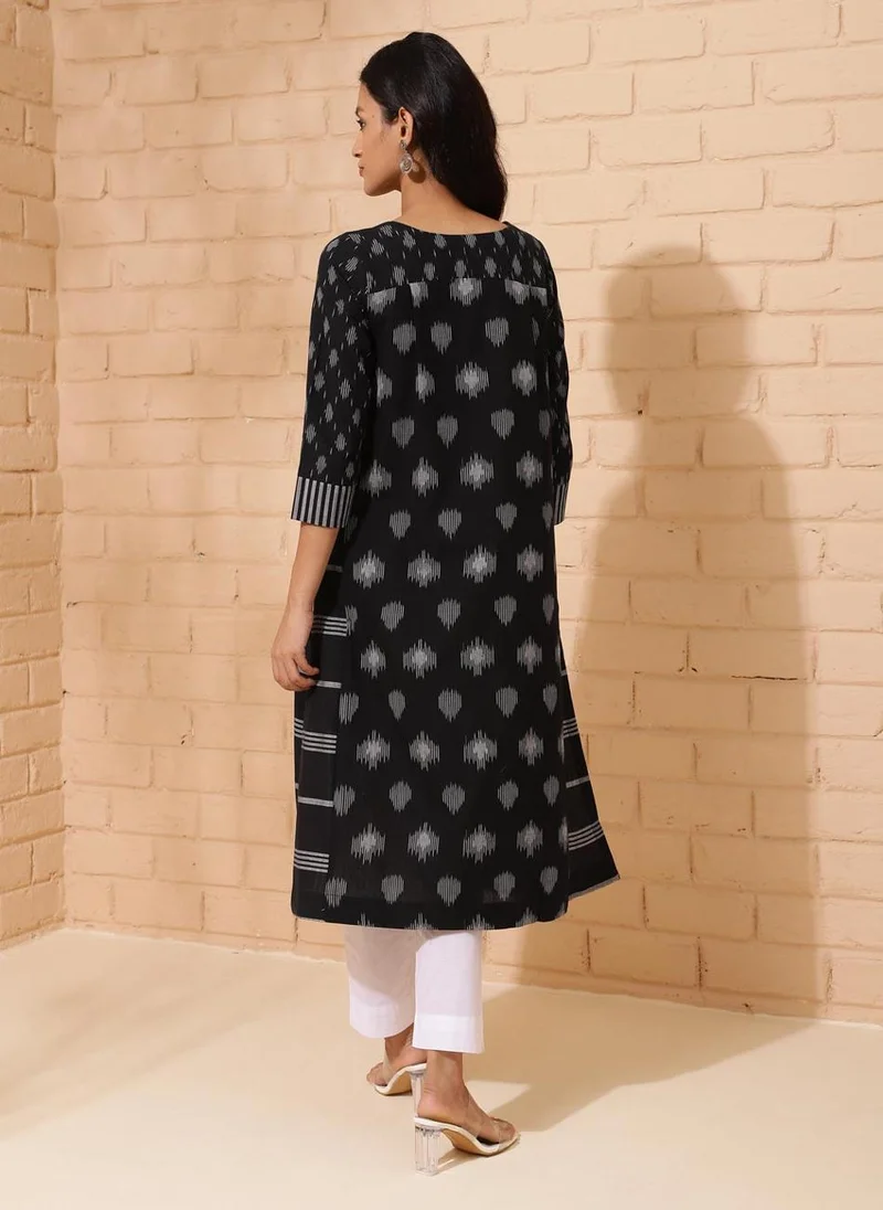 فاب انديا Black Cotton Ikat Woven Long Kurta