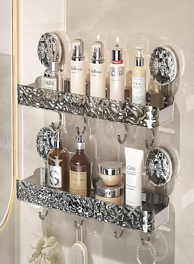 ZOCKRIX Wall Mounted Bathroom Storage Rack with Suction Cups - Double Shelf with Hooks - Transparent & Patterned Front Design (2) - Image 3