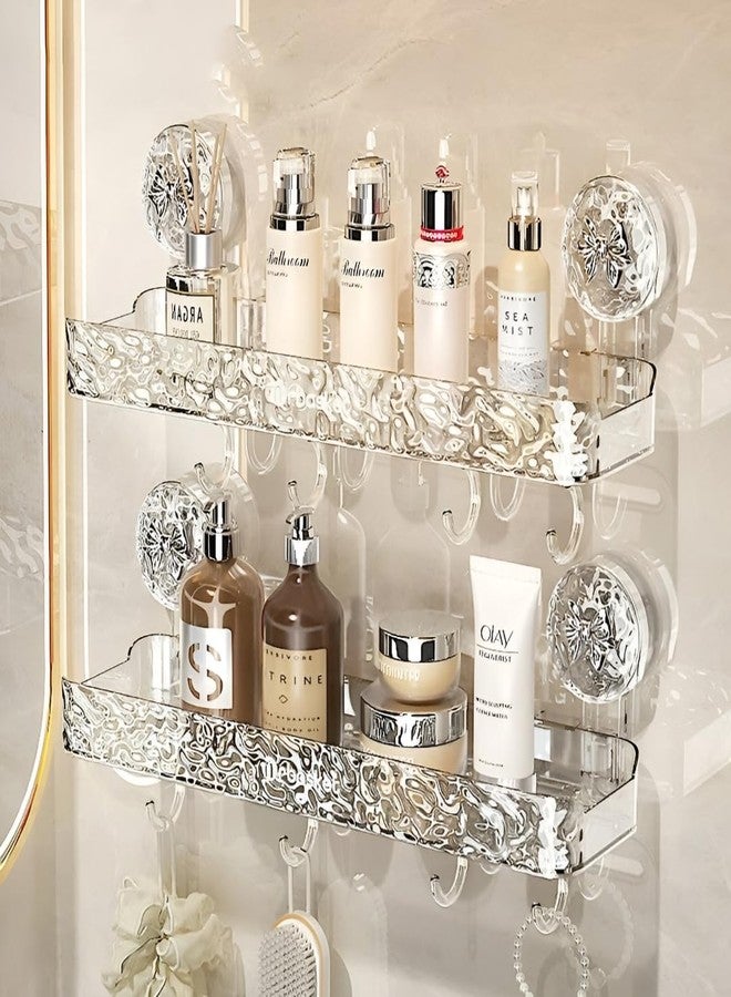 ZOCKRIX Wall Mounted Bathroom Storage Rack with Suction Cups - Double Shelf with Hooks - Transparent & Patterned Front Design (2) - Image 1