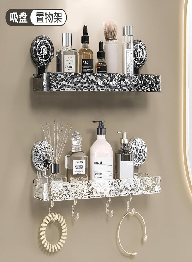 ZOCKRIX Wall Mounted Bathroom Storage Rack with Suction Cups - Double Shelf with Hooks - Transparent & Patterned Front Design (2) - Image 4