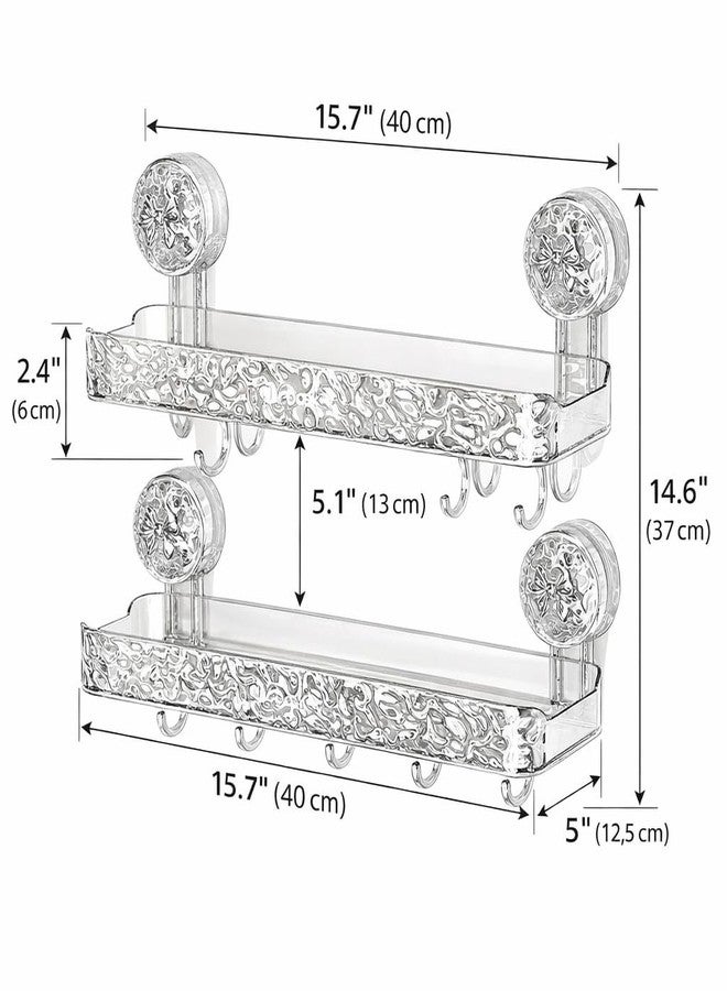 ZOCKRIX Wall Mounted Bathroom Storage Rack with Suction Cups - Double Shelf with Hooks - Transparent & Patterned Front Design (2) - Image 2
