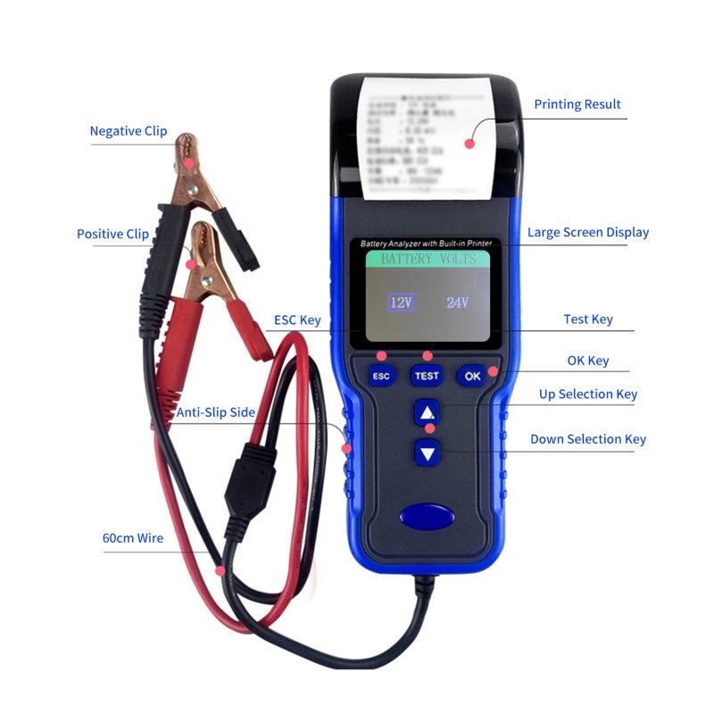 Car Battery Tester 12V/24V Blue - Large Color Backlight Display Built-In Printer 60Cm Cable Battery Analyzer for Automotive Repair, Vehicle Maintenance, Low-Light Testing - Image 4