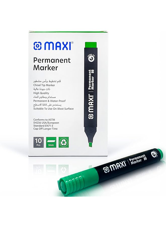 Maxi Permanent Marker With Chisel Tip 10Pc Green. Suitable For Use On Most Surfaces. Mark And Write On Any Non Porous Surface Such As Wood Glass Plastic Or Cardboard. - Image 1