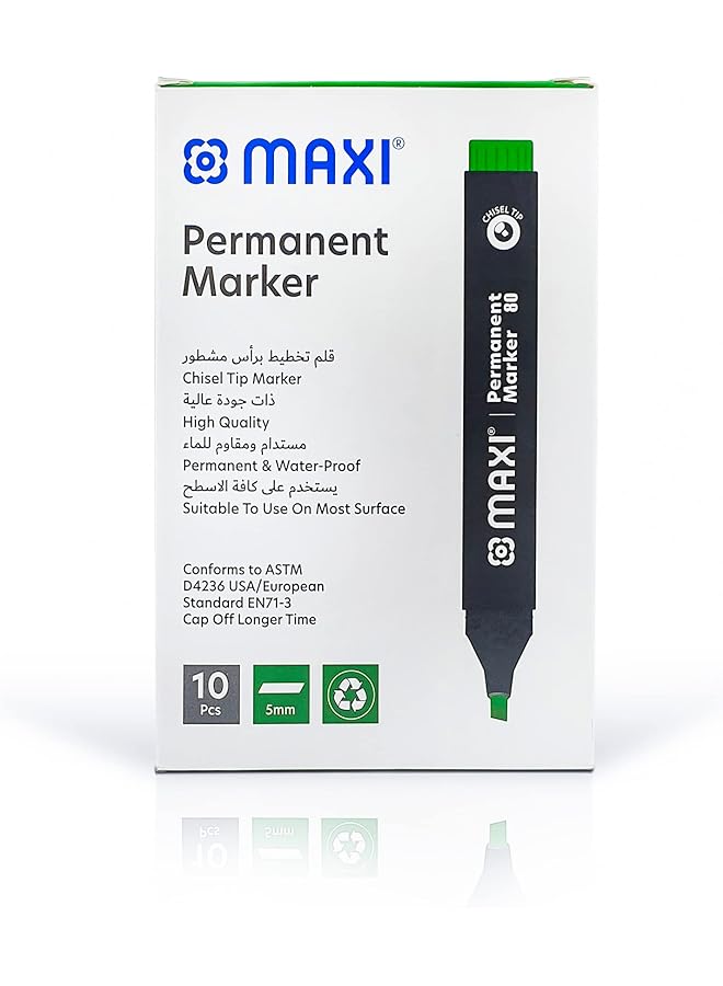 Maxi Permanent Marker With Chisel Tip 10Pc Green. Suitable For Use On Most Surfaces. Mark And Write On Any Non Porous Surface Such As Wood Glass Plastic Or Cardboard. - Image 3