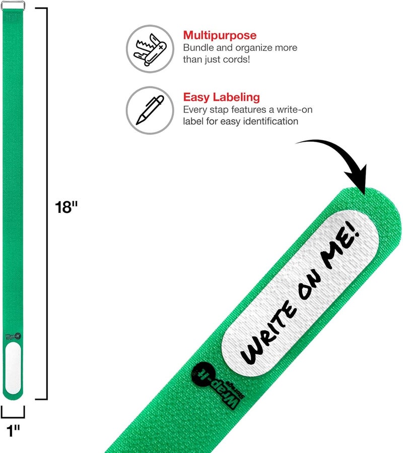 Wrap-It Storage Cinch-Straps, 18" 12 Pack (Green), Features Buckle and Write on Label for Easy Cord Identification and Cable Management, Reusable Multi-Purpose Securing Cinch Straps - Image 3