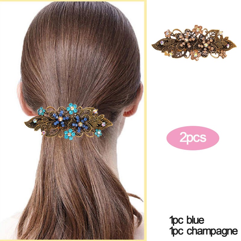iRIIRIO 2pcs Hair Metal Barrettes with Rhinestone Hair Bronze Metal Spring Clips for French Hair Style for Women Girls (Blue+Champagne) - Image 2