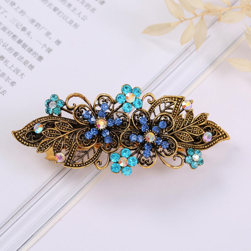 iRIIRIO 2pcs Hair Metal Barrettes with Rhinestone Hair Bronze Metal Spring Clips for French Hair Style for Women Girls (Blue+Champagne) - Image 3