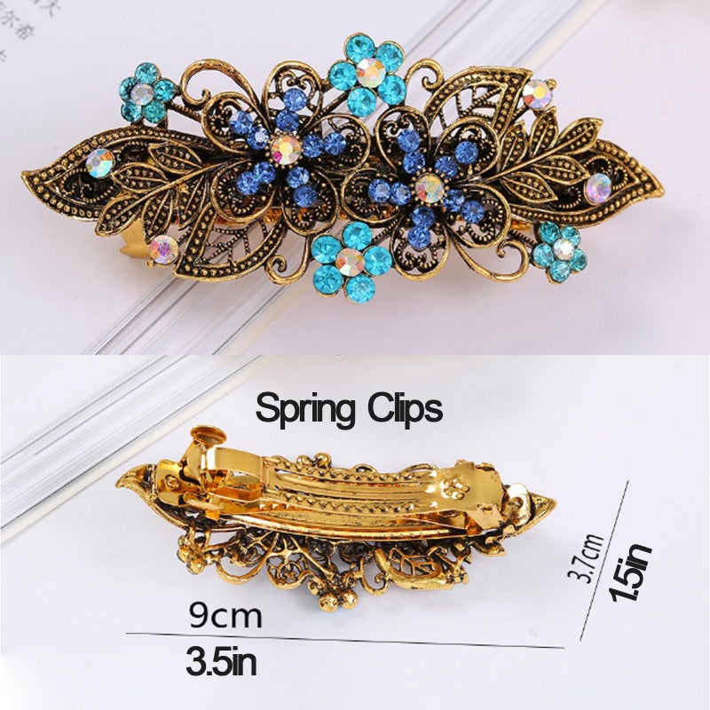 iRIIRIO 2pcs Hair Metal Barrettes with Rhinestone Hair Bronze Metal Spring Clips for French Hair Style for Women Girls (Blue+Champagne) - Image 5