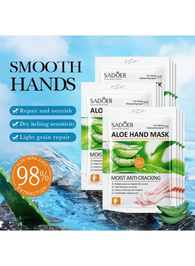 SADOER 6 Pairs Aloe Vera Hand Mask Moisturizing Hand Mask Set for Comfortable Delicate Soft Hands Fade Fine Lines Improve Darkness & Brighten Moist Anti-Cracking Hand Mask with 98% Aloevera Extract 35G/Pair - Image 2