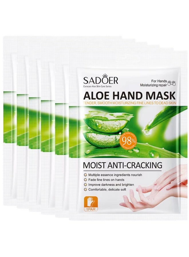 SADOER 6 Pairs Aloe Vera Hand Mask Moisturizing Hand Mask Set for Comfortable Delicate Soft Hands Fade Fine Lines Improve Darkness & Brighten Moist Anti-Cracking Hand Mask with 98% Aloevera Extract 35G/Pair - Image 1