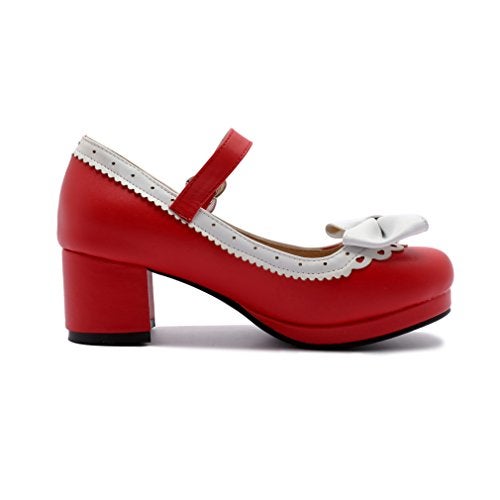 ELFY Women's Cute Lolita Cosplay Shoes Bow Mid Chunky Heel Mary Jane Pumps red 8 - Image 5