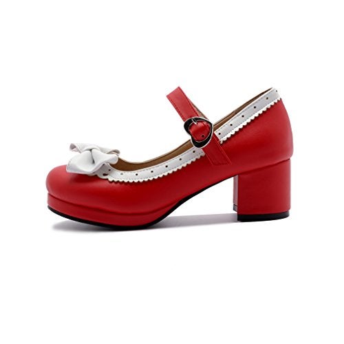 ELFY Women's Cute Lolita Cosplay Shoes Bow Mid Chunky Heel Mary Jane Pumps red 8 - Image 3