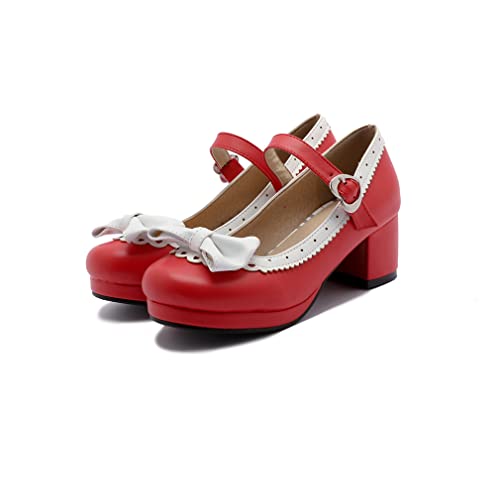 ELFY Women's Cute Lolita Cosplay Shoes Bow Mid Chunky Heel Mary Jane Pumps red 8 - Image 1