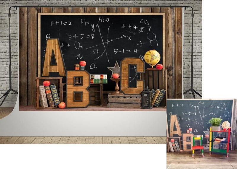 Kate 10x65ft Fabric Welcome Back to School Backdrop for Photography Black Chalkboard Globe Book Backgrounds Wood Wall and ABC Decoration Students Photocall Backdrop