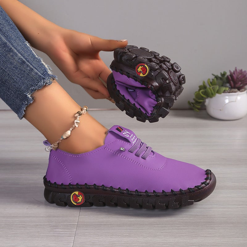 Real Soft Leather Shoes Plus Size Casual Lace-Up Vintage Car Stitch Thick Bottom Platform Shoes For Mother - Image 1