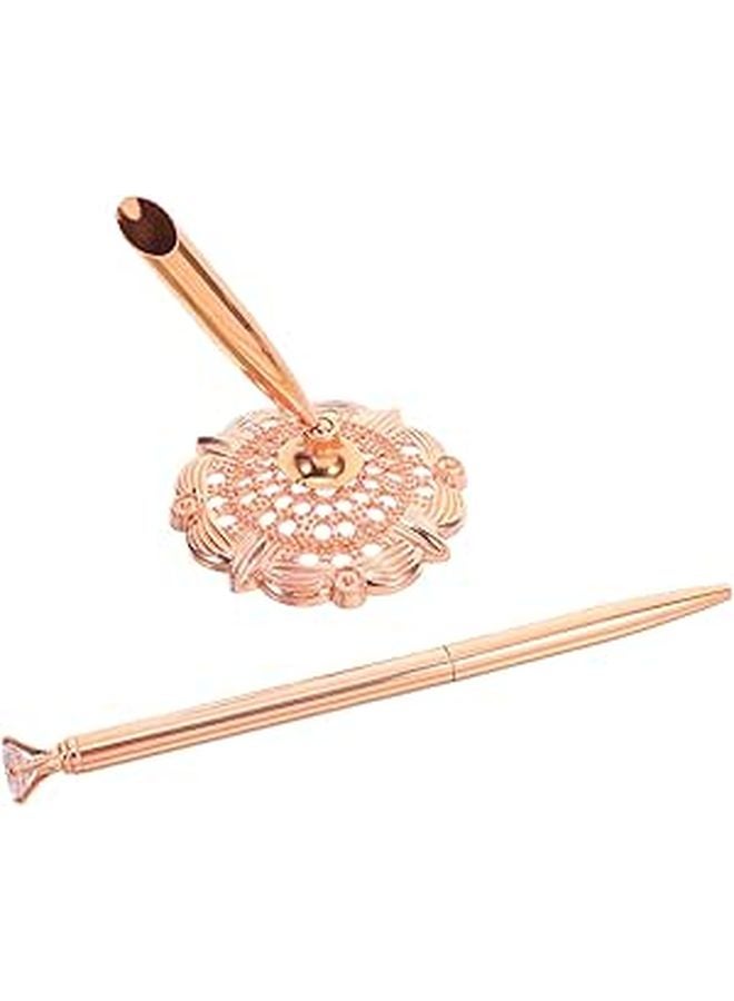 Rose Gold Ballpoint Pen with Rhinestones and Stand for Wedding Signing Professional Use - Image 1