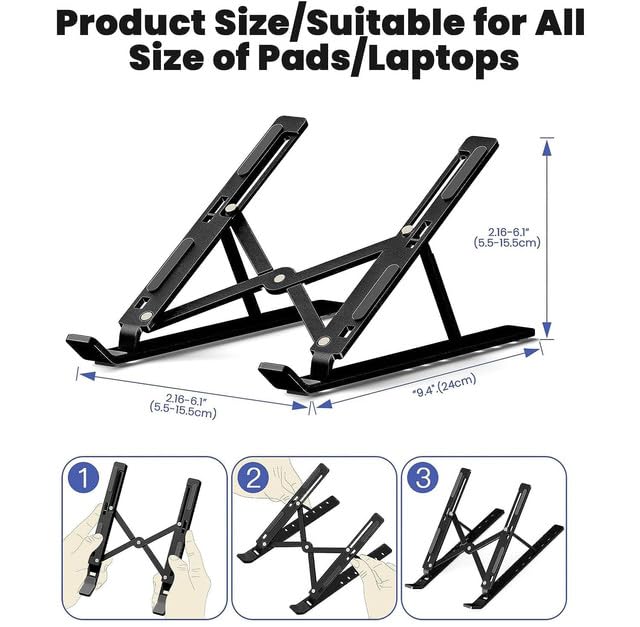 TARKAN Laptop Cooler Portable Foldable Aluminum Stand with Detachable Fan Adjustable Height and Angle Notebook Holder Black - Image 4