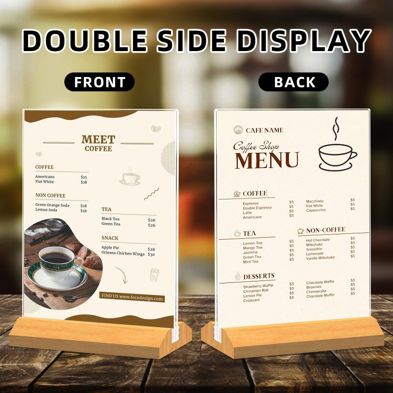 QLKGWEA 3 Pack Acrylic Sign Holder 8.5 x 11 Inch, Wood Base Signs Stand for Menu Flyer Display, Table Clear Plastic T Shape Holder for Stores, Restaurants, Hotels, Office, Farmers Market Show Fair Decor. - Image 2