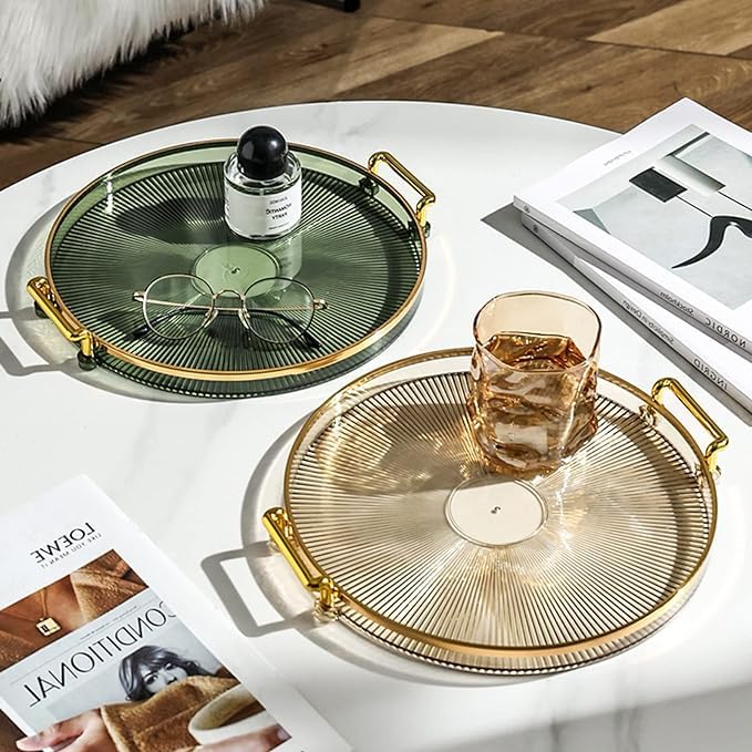 VPGS Serving Tray with Golden Handles, Acrylic Decorative Tray Round Tray, Serving Platter for Food, Drinks, Snack, Coffee, Tea, Display Tray for Home Bar Restaurant - Image 5