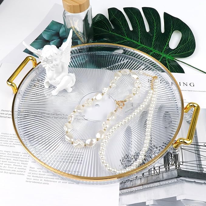 VPGS Serving Tray with Golden Handles, Acrylic Decorative Tray Round Tray, Serving Platter for Food, Drinks, Snack, Coffee, Tea, Display Tray for Home Bar Restaurant - Image 2