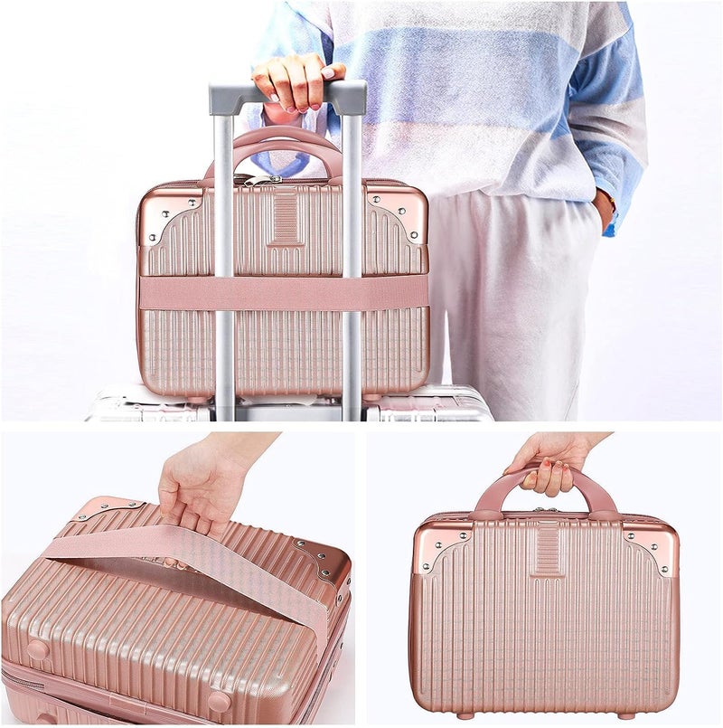 SUNBEET Pvc Portable Hard Shell Cosmetic Travel Case, Small Travel Hand Luggage with Elastic Band, Mini ABS Carrying Makeup Case Suitcase (BB-Rosegold) - Image 3