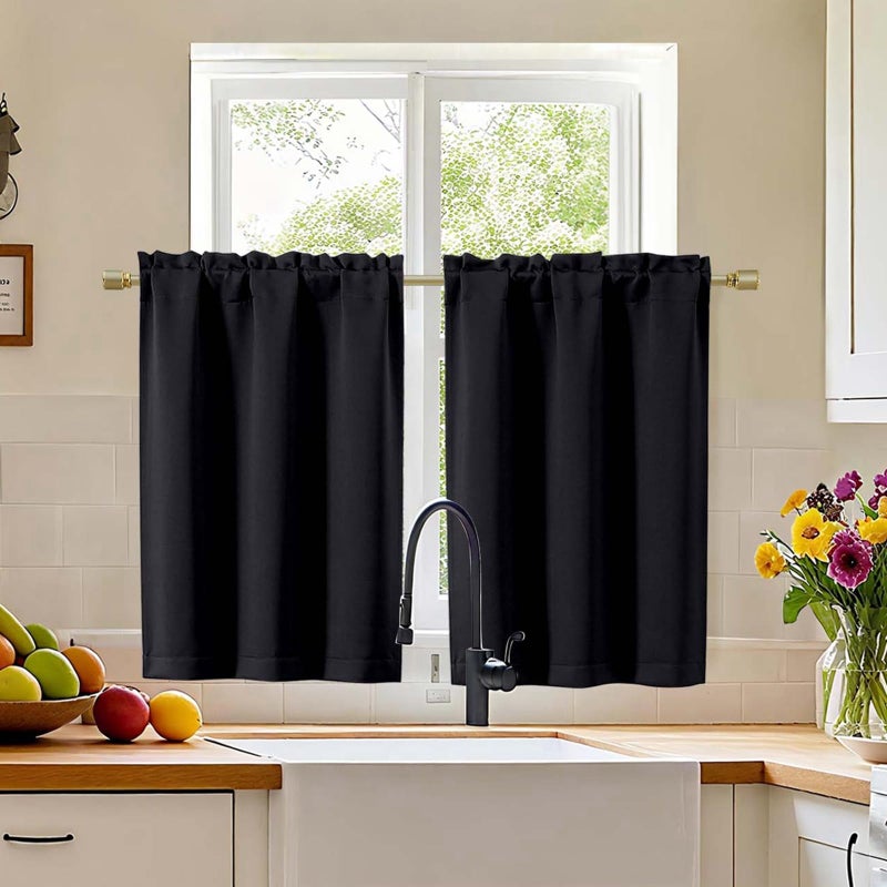 Simplebrand Black Cafe Curtains Tier 36 Inch Length 2 Panels Set, Half Window Blackout Curtains for Kitchen, Rod Pocket Tier Thermal Insulated Window Treatment Short Curtain, Each 30" Wx36 L - Image 1