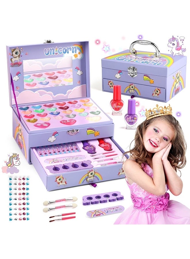 UNICORN Kids Makeup Kit for Girls,36PCS Girls Unicorn Makeup Kit,Real Washable Pretend Play Cosmetic Set with Mirror,Little Girls Princess Make Up Toys, Purple - Image 1