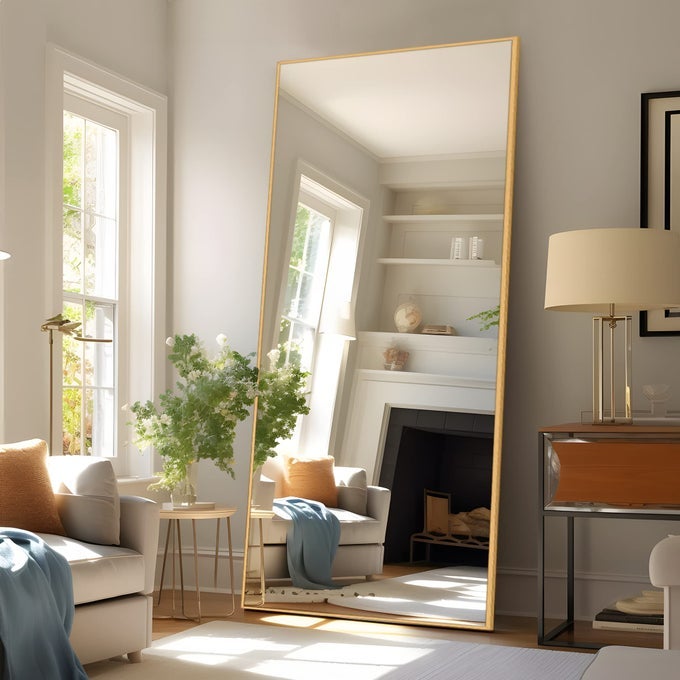 69X32 LARGE FULL LENGTH MIRROR BEDROOM MIRROR RECTANGLE WALLMOUNTED MIRROR HANGING OR LEANING AGAINST WALL GOLDEN