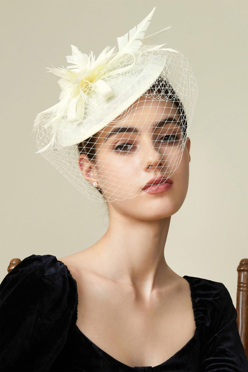 BABEYOND Fascinator Hat Veil Feather Fascinator Tea Party Kentucky Pillbox Derby Hat Bridal Wedding Party Beige - Image 5