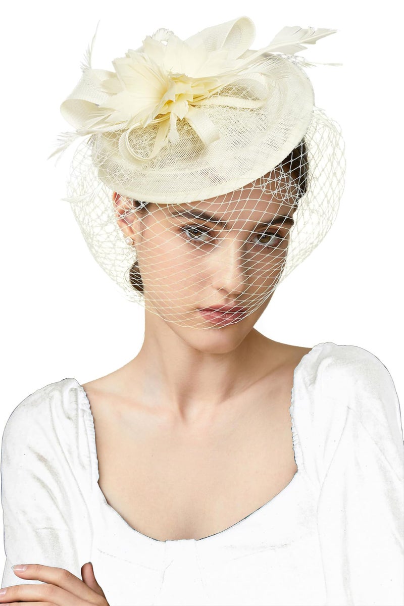 BABEYOND Fascinator Hat Veil Feather Fascinator Tea Party Kentucky Pillbox Derby Hat Bridal Wedding Party Beige - Image 1