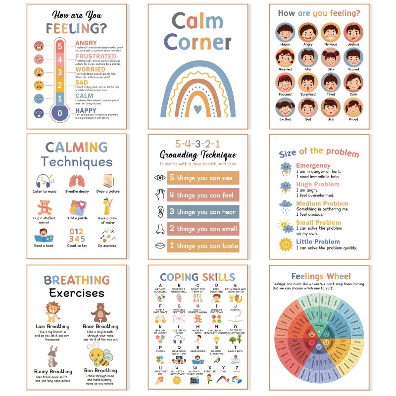 Distasio 9 Calming Corner Posters Classroom, Calm Down Corner Feelings Chart for Kids, Mental Health Posters, Classroom Educational Poster Emotions Chart Coping Skills, Preschool Classroom Wall Art Decorations - Image 1