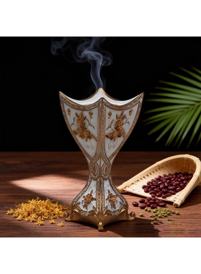 مبخرة راتينج فاخرة باللونين الأبيض والذهبي - تصميم كأس المبخرة العربي الكلاسيكي - مزينة بنقوش زهور الورد الذهبية الأنيقة - مبخرة بخور بقاعدة بيضاء فاخرة - مثالية لغرفة المعيشة والمكتب - هدية فاخرة لرمضان والأعراس والعيد - مقاومة للحرارة - قطعة ديكور منزلية جذابة - Image 2