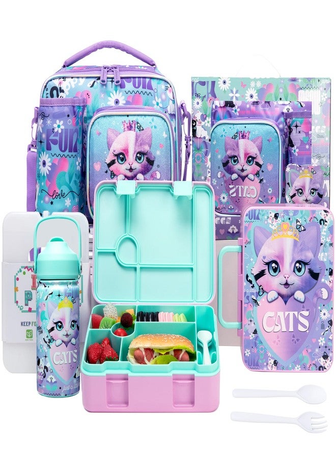 Oruiji Lunch Box Kids Bento Box for Girls with Ice Pack,Lunch Bag,Stainless Steel Water Bottle Set Utensils Set Food Container for School Cat Girls Lunch Boxes Kids Back to School Supplies - Image 1