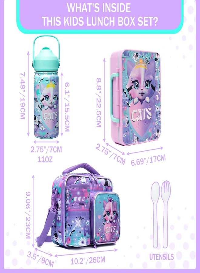 Oruiji Lunch Box Kids Bento Box for Girls with Ice Pack,Lunch Bag,Stainless Steel Water Bottle Set Utensils Set Food Container for School Cat Girls Lunch Boxes Kids Back to School Supplies - Image 2