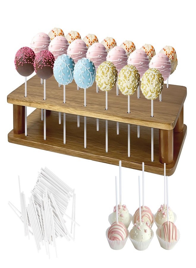 EQUNROY Wood Cake Pop Stand with 100 Pcs 4mm Cake Pop Sticks - 21 Holes Cake Pop Holder Stand for Dessert Table- Lollipop Holder for Birthday Party Anniversaries Holiday Candy Decorative - Image 1