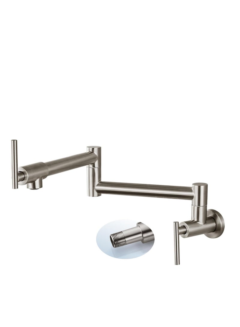 TRASSLE Kitchen Sink Faucet Wall Mounted,Rotatable Pot Filler Faucet Wall Mounted,Solid Brass Folding Stretchable Kitchen Faucet Single Hole Double Switch for Home Restaurant (Brushed Nickel) - Image 1