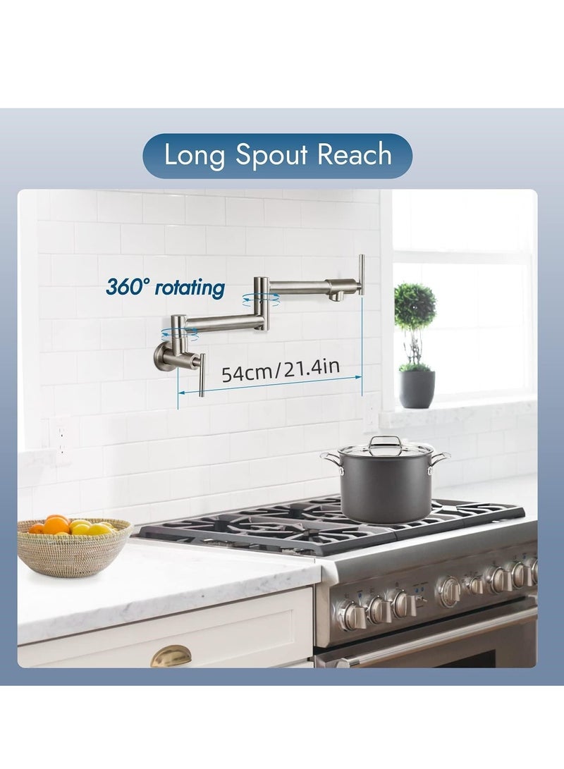 TRASSLE Kitchen Sink Faucet Wall Mounted,Rotatable Pot Filler Faucet Wall Mounted,Solid Brass Folding Stretchable Kitchen Faucet Single Hole Double Switch for Home Restaurant (Brushed Nickel) - Image 3