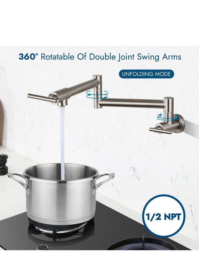 TRASSLE Kitchen Sink Faucet Wall Mounted,Rotatable Pot Filler Faucet Wall Mounted,Solid Brass Folding Stretchable Kitchen Faucet Single Hole Double Switch for Home Restaurant (Brushed Nickel) - Image 5