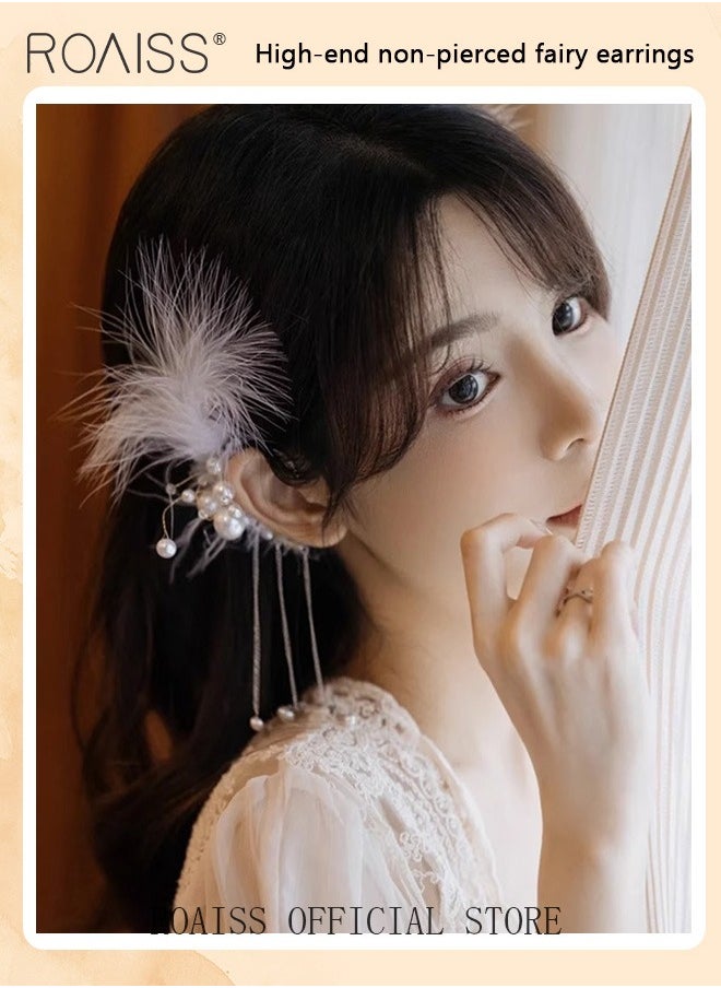 roaiss - Women Ear Cuff Earrings Bridal Non Pierced Ear Cuff with Tassel Chain Design Combining Feather and Pearl Elements Personalized and Fashionable Suitable for Formal and Casual Occasions - Image 1