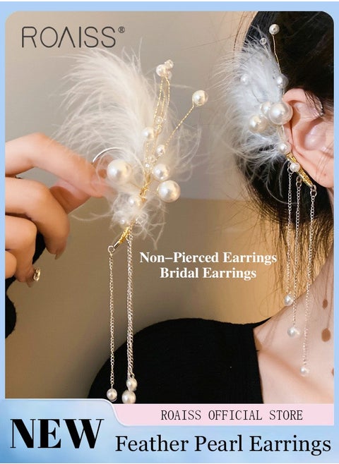 Women Ear Cuff Earrings Bridal Non Pierced Ear Cuff with Tassel Chain Design Combining Feather and Pearl Elements Personalized and Fashionable Suitable for Formal and Casual Occasions