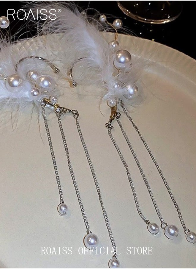 roaiss - Women Ear Cuff Earrings Bridal Non Pierced Ear Cuff with Tassel Chain Design Combining Feather and Pearl Elements Personalized and Fashionable Suitable for Formal and Casual Occasions - Image 1