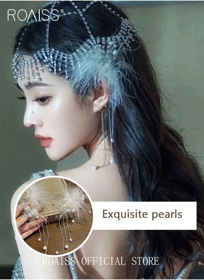 roaiss - Women Ear Cuff Earrings Bridal Non Pierced Ear Cuff with Tassel Chain Design Combining Feather and Pearl Elements Personalized and Fashionable Suitable for Formal and Casual Occasions - Image 1