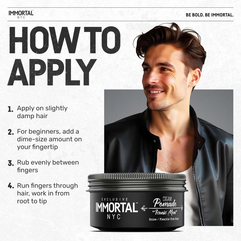 Immortal NYC Iconic Men Cream Pomade - Flex Medium/Stong Hold - Low Shine All Natural Water-Based Hair Cream Pomade for Men - No Residue, All Hair Types - Image 5