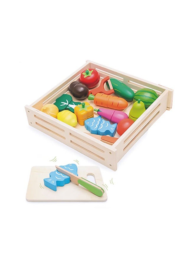 JSAITOYS 17pcs Pretend Play Kitchen Food Cutting Vegetables Toy Set Wooden Fruit Cutting Toy - Image 1